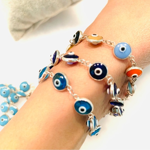 Vintage Style Turkish Evil Eye Multi Color Bracelet Silver Base Adjustable Size - Picture 2 of 2